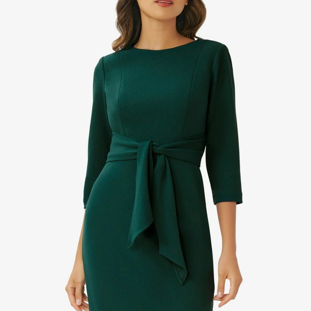 NWOT Adrianna Papell Bow Sheath Dress in Hunter Work Dress Dark Academia Size 2